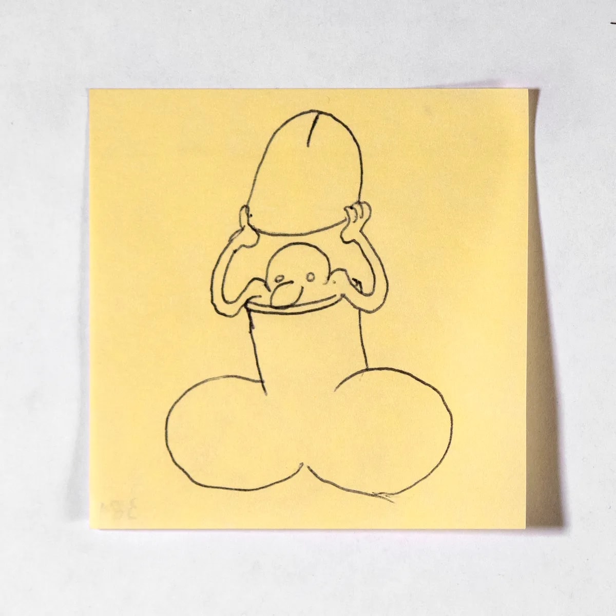 Shy, No. 381 of 512: a hand-drawn cazzo on a sticky note